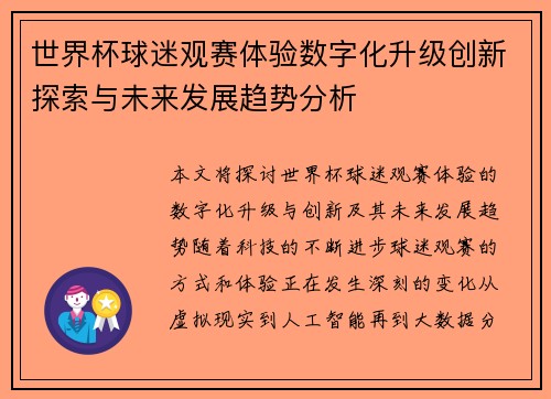 世界杯球迷观赛体验数字化升级创新探索与未来发展趋势分析