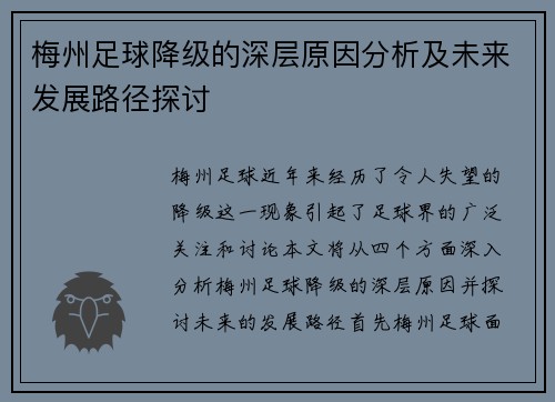 梅州足球降级的深层原因分析及未来发展路径探讨