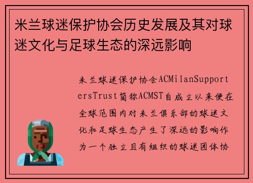 米兰球迷保护协会历史发展及其对球迷文化与足球生态的深远影响